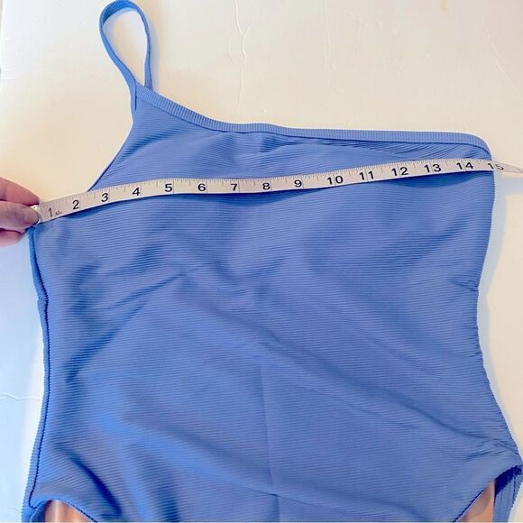 J. Crew Ribbed blue one strap one piece Swimsuit padded L 10 - Picture 2 of 11